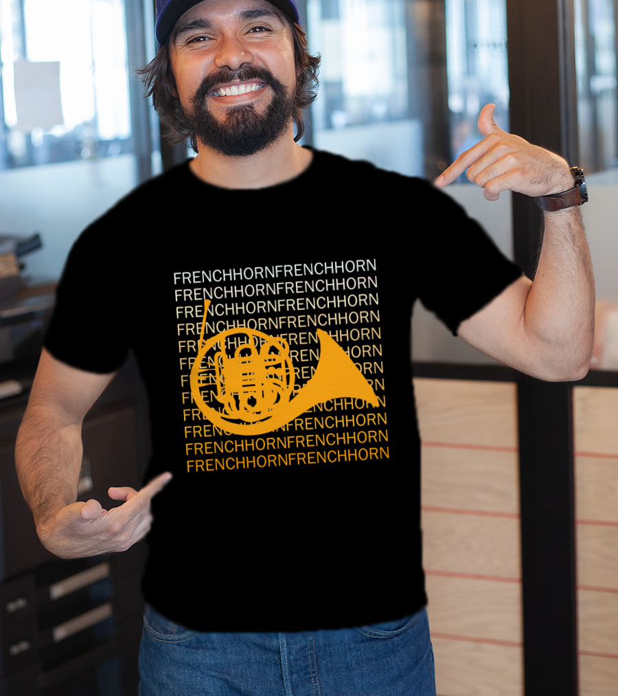 Repeating French Horn Text With Yellow Instrument T-Shirt
