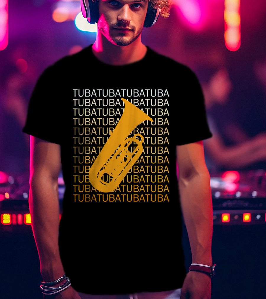 Tuba Repeated Text Pattern With Bold Tuba Image T-Shirt