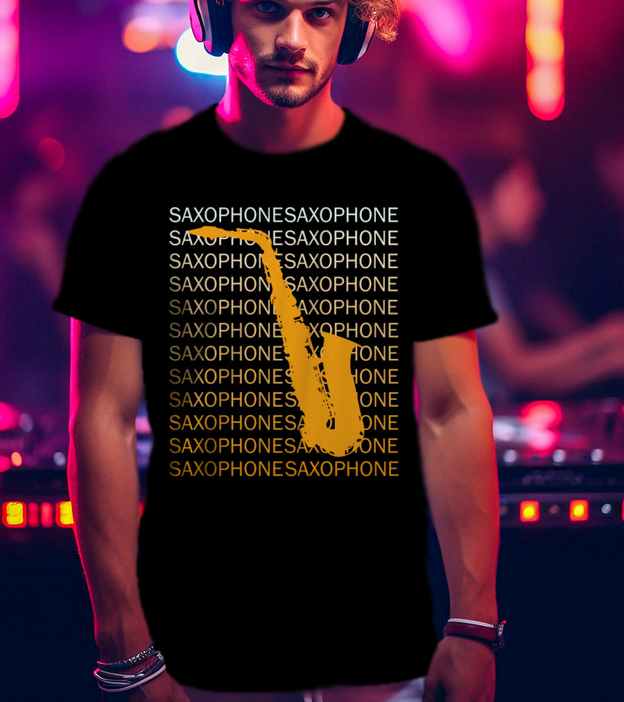 Saxophone Repeated Pattern With Bold Orange Saxophone Highlight T-Shirt