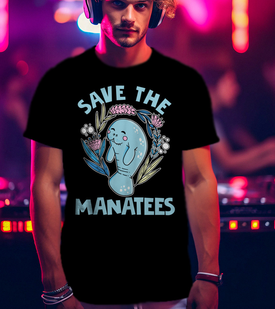 SAVE THE MANATEES Save The Manatees Manatee Surrounded By Flowers And Bubbles T-Shirt