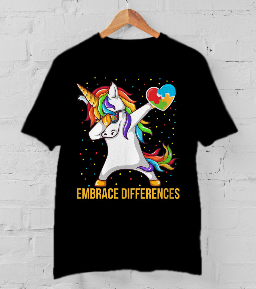 Embrace Differences Autism Awareness Dabbing Unicorn Heart Puzzle Piece T-Shirt