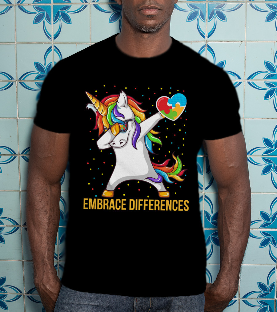 Embrace Differences Autism Awareness Dabbing Unicorn Heart Puzzle Piece T-Shirt