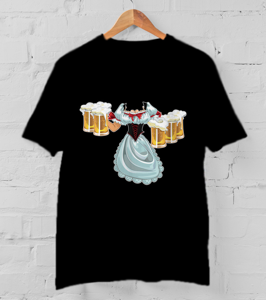 Dirndl Fraulein Oktoberfest Costume With Beer Mugs T-Shirt
