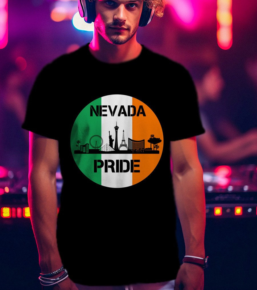 Nevada Pride Skyline With Irish Flag Colors And Iconic Landmarks T-Shirt