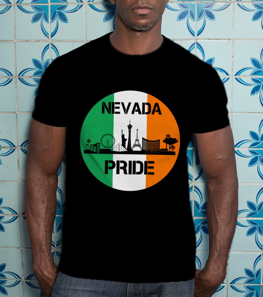 Nevada Pride Skyline With Irish Flag Colors And Iconic Landmarks T-Shirt