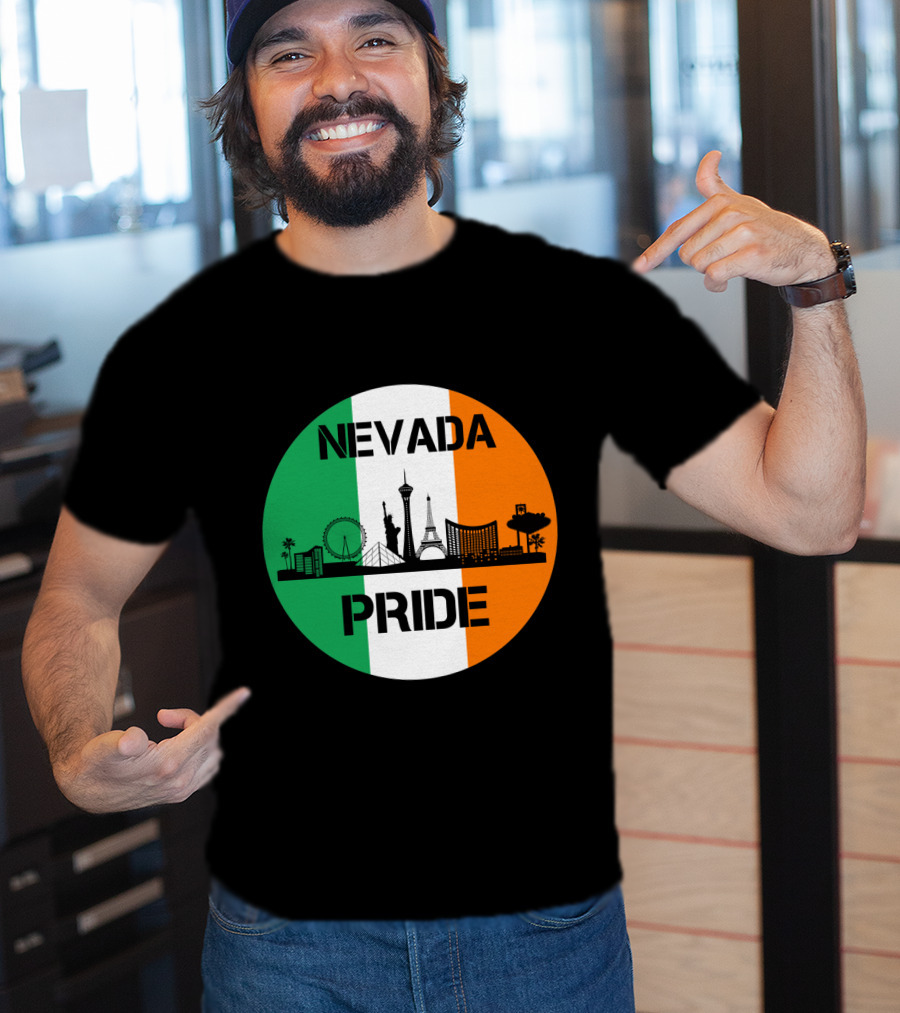 Nevada Pride Skyline With Irish Flag Colors And Iconic Landmarks T-Shirt