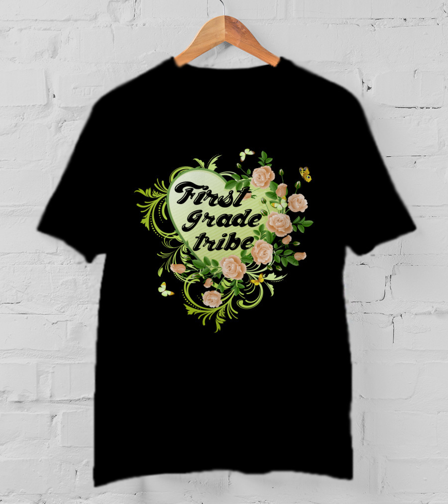 First Grade Tribe Floral Heart Butterfly Womens Teacher T-Shirt