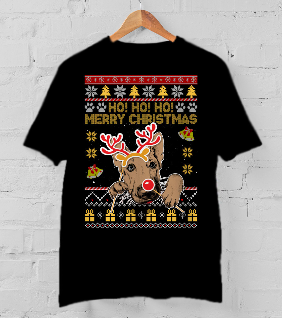 HO HO HO Merry Christmas German Shepherd Reindeer Antlers Ugly Sweater Style Holiday Bells Presents Snowflakes T-Shirt