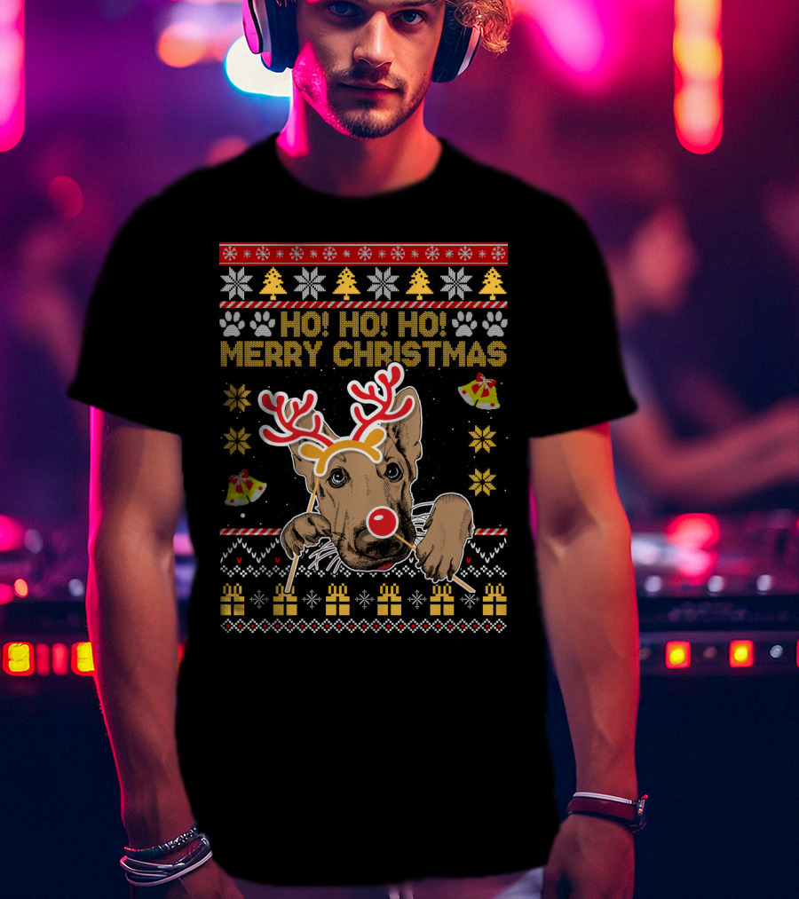 HO HO HO Merry Christmas German Shepherd Reindeer Antlers Ugly Sweater Style Holiday Bells Presents Snowflakes T-Shirt