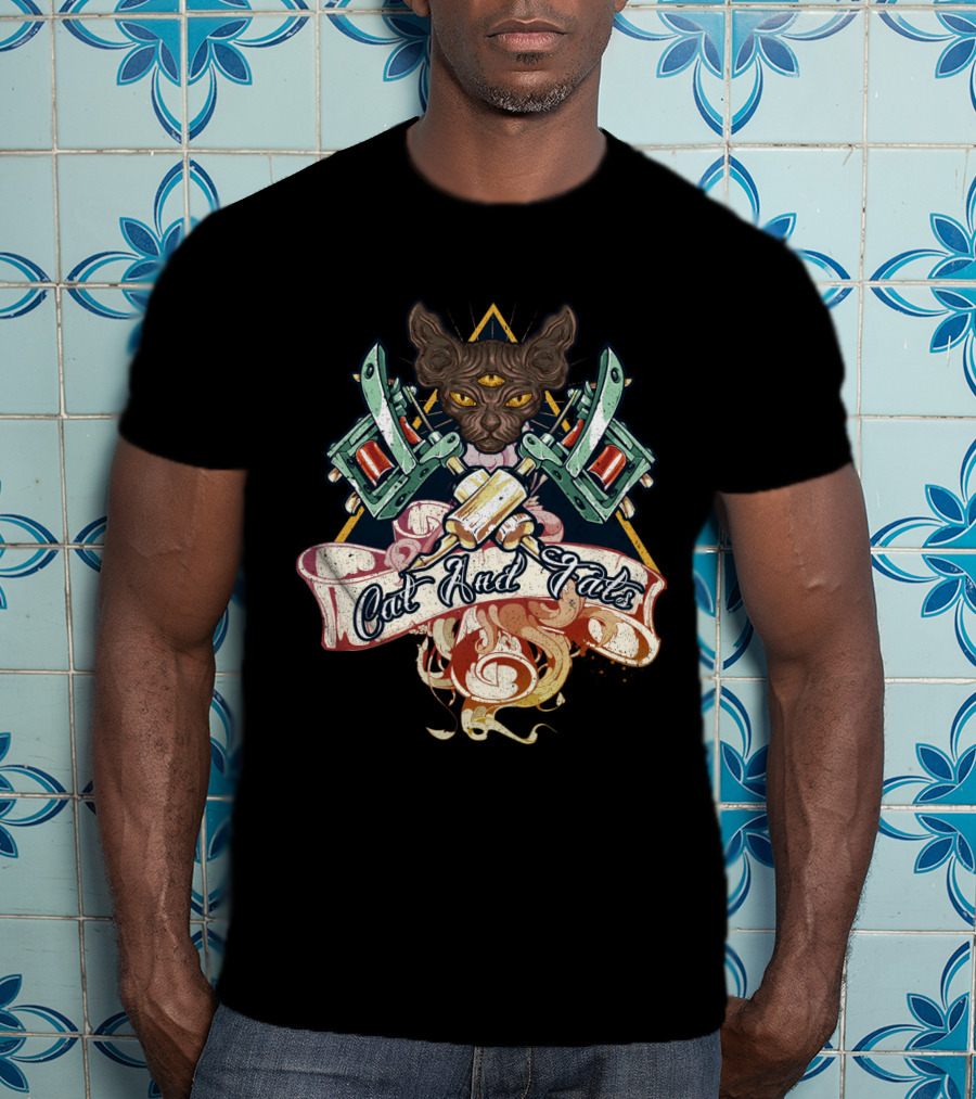 Cat And Tats Funny Cat Lovers With Tattoo Machine Art And Third Eye Sphynx T-Shirt