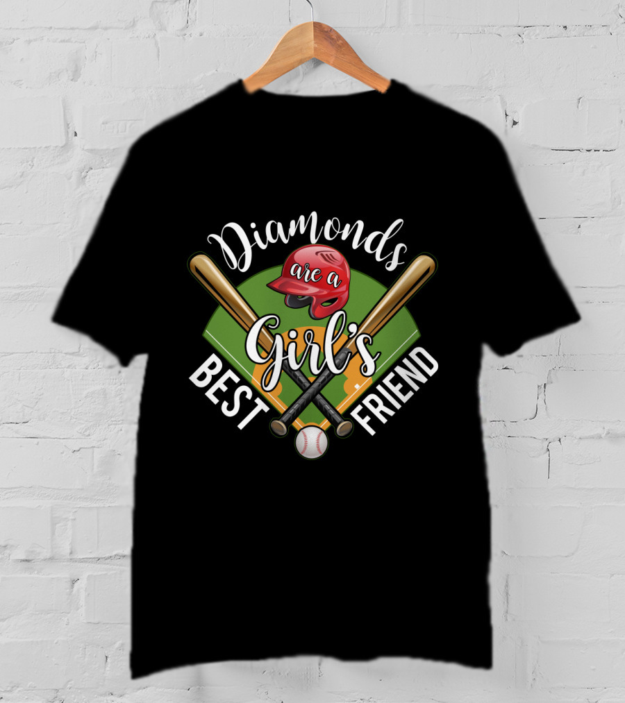 Diamonds Are A Girl's Best Friend Baseball Theme With Bats, Red Helmet, And Field T-Shirt