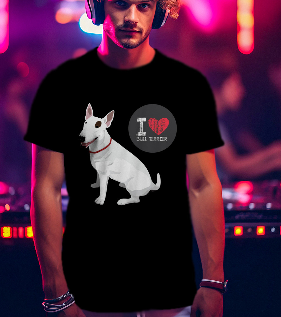 I Love Bull Terrier White Dog Sitting With Red Collar T-Shirt