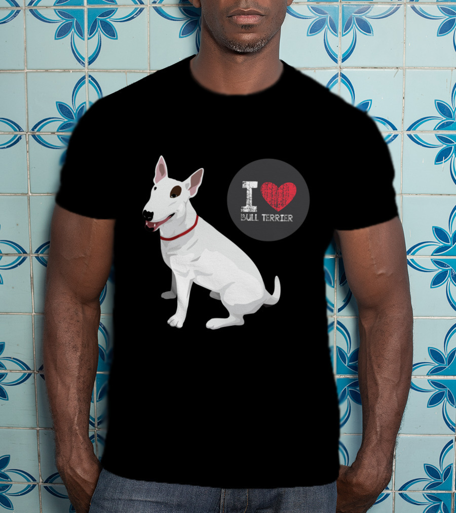 I Love Bull Terrier White Dog Sitting With Red Collar T-Shirt