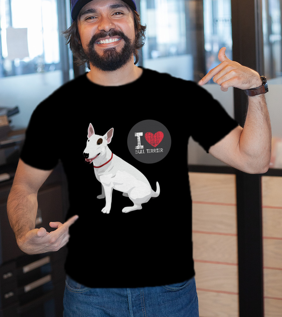 I Love Bull Terrier White Dog Sitting With Red Collar T-Shirt