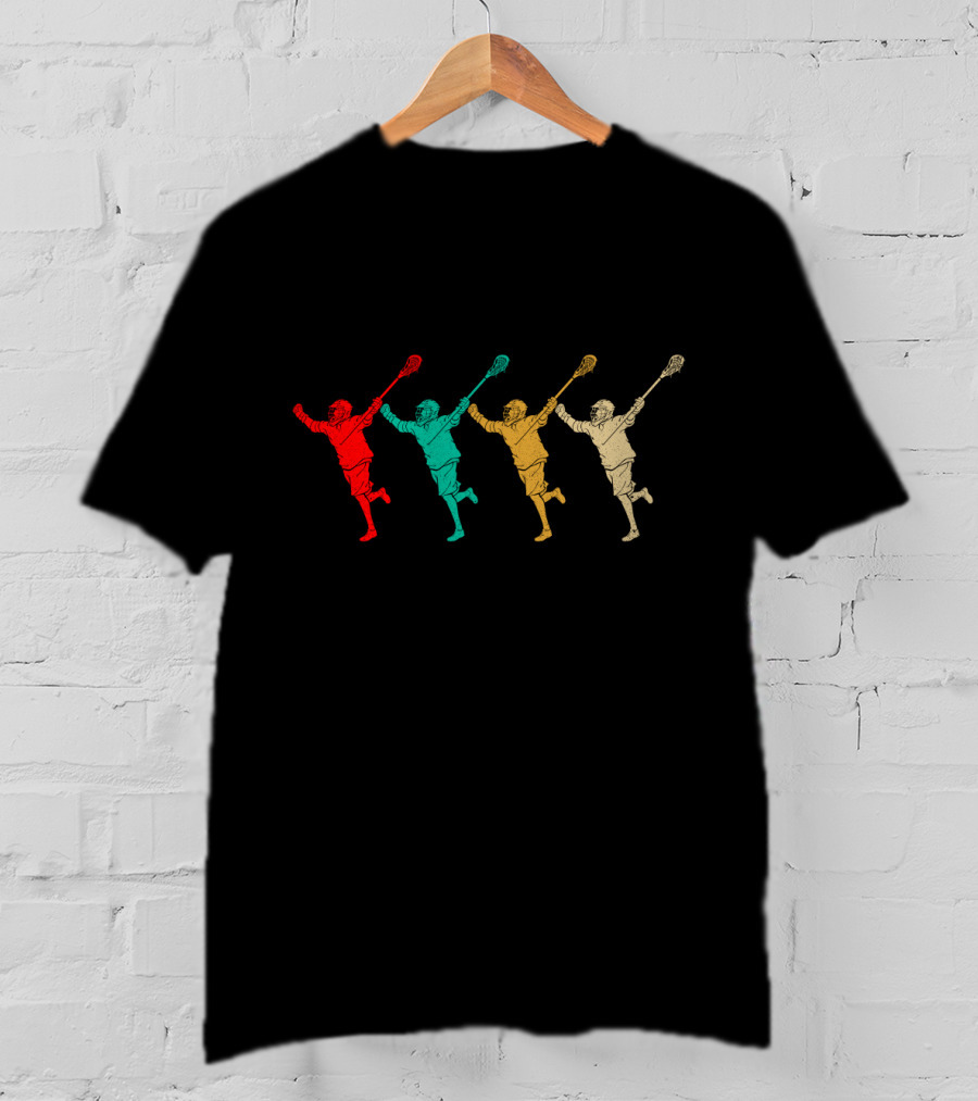 Vintage Lacrosse Joyful Retro Silhouette Players In Multicolor Motion T-Shirt