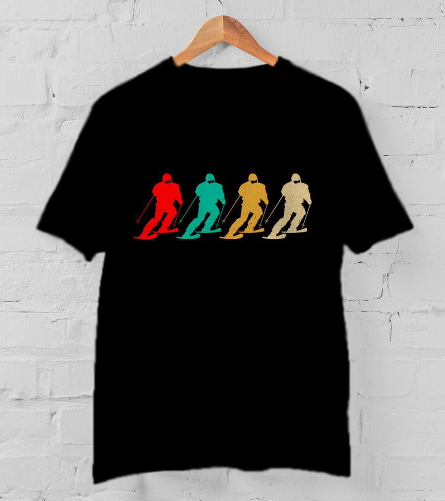 Vintage Skiing Retro Skier Silhouettes Multicolor T-Shirt