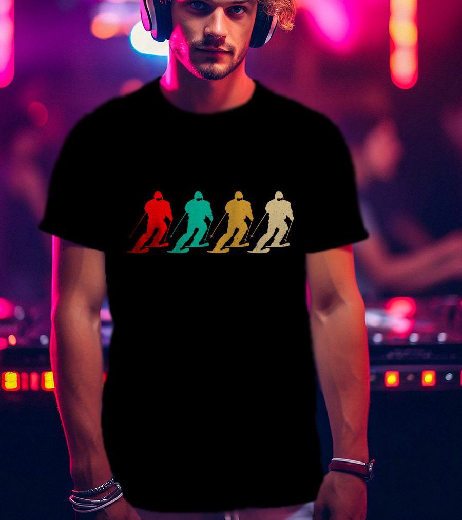 Vintage Skiing Retro Skier Silhouettes Multicolor T-Shirt