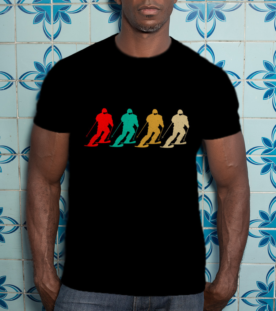 Vintage Skiing Retro Skier Silhouettes Multicolor T-Shirt