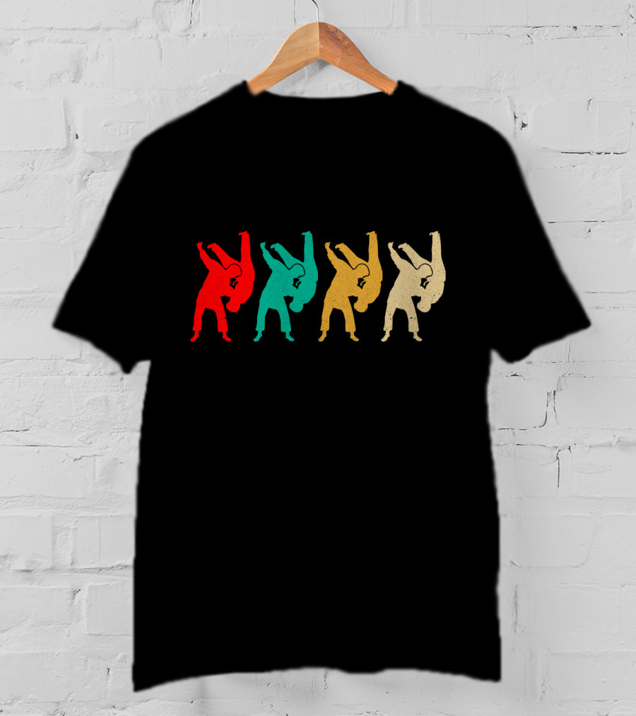 Vintage Judo Throw Silhouettes Red Teal Yellow Beige T-Shirt