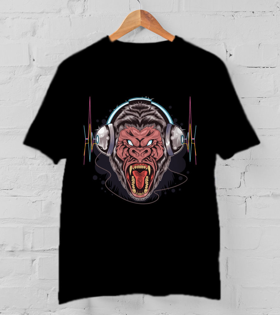 Funny Gorilla Headphones Wild Roar With Sound Waves T-Shirt