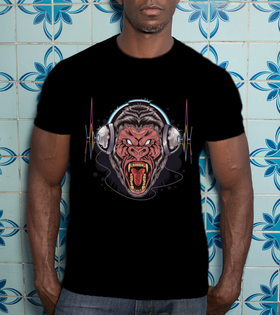 Funny Gorilla Headphones Wild Roar With Sound Waves T-Shirt