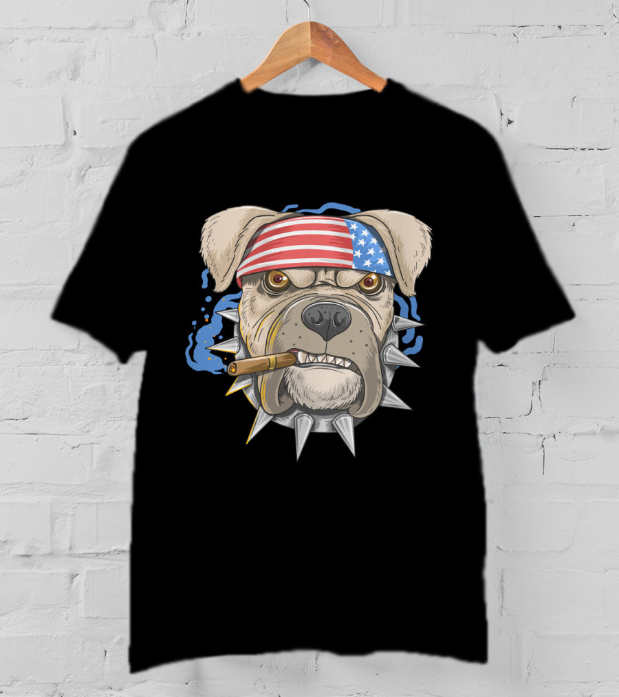Pit Bull Dog American Punk Head Spiked Collar Patriotic Bandana Cigar T-Shirt