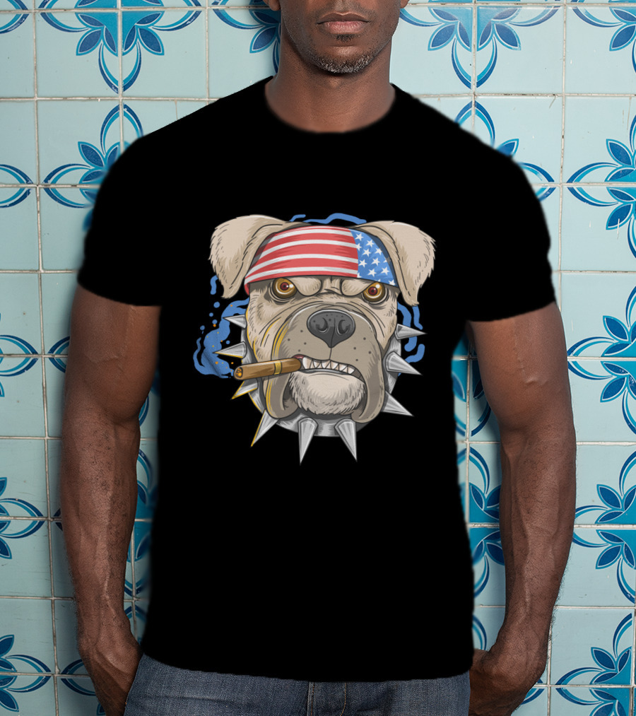 Pit Bull Dog American Punk Head Spiked Collar Patriotic Bandana Cigar T-Shirt