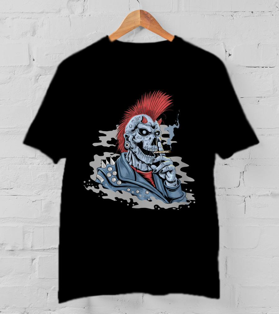 Skull Punk Mohawk With Spiked Leather And Smoking Cigarette T-Shirt