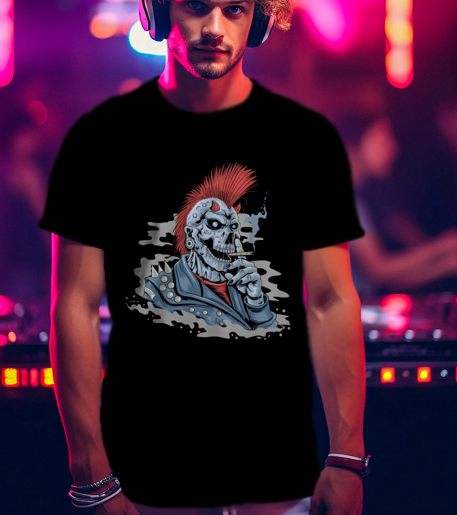 Skull Punk Mohawk With Spiked Leather And Smoking Cigarette T-Shirt