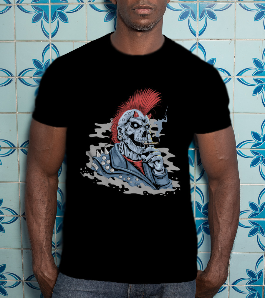 Skull Punk Mohawk With Spiked Leather And Smoking Cigarette T-Shirt