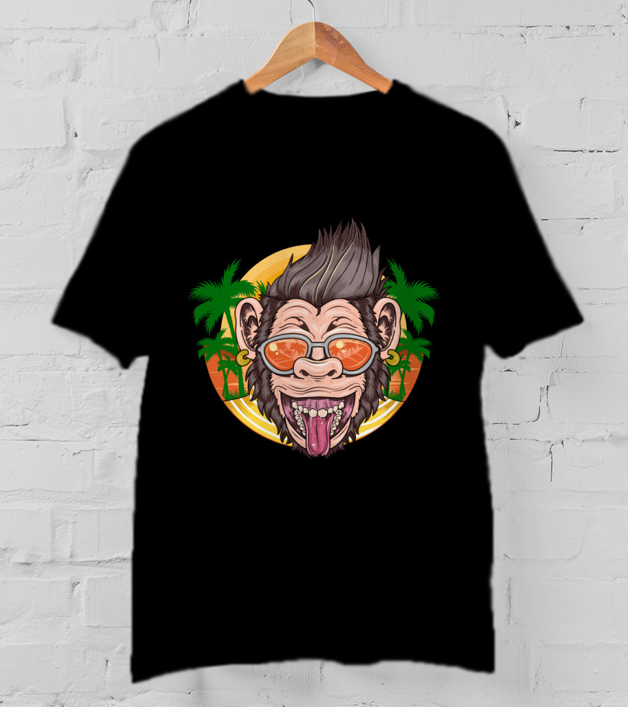Funny Chimpanzee Sunglasses Tropical Sunset T-Shirt