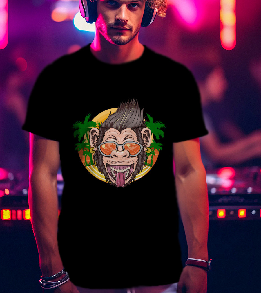 Funny Chimpanzee Sunglasses Tropical Sunset T-Shirt