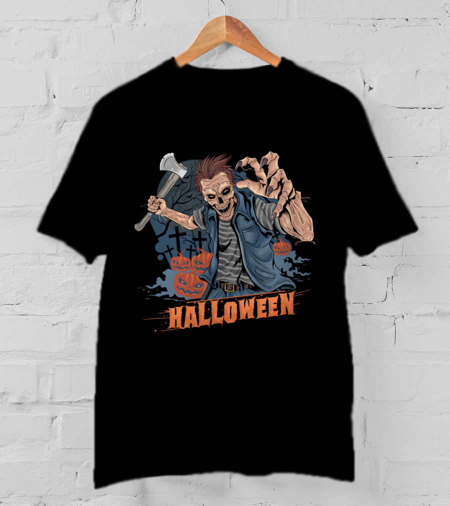 Halloween Funny Zombie With Axe And Pumpkins T-Shirt