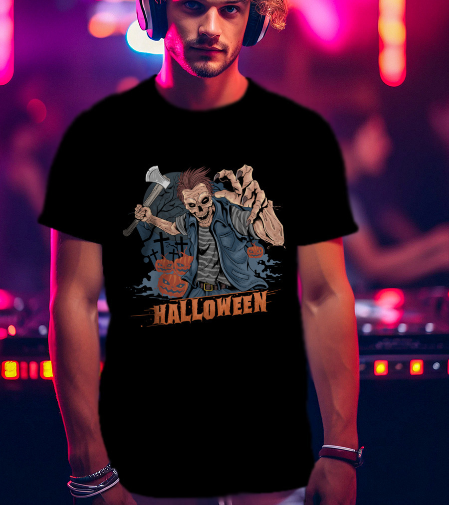 Halloween Funny Zombie With Axe And Pumpkins T-Shirt