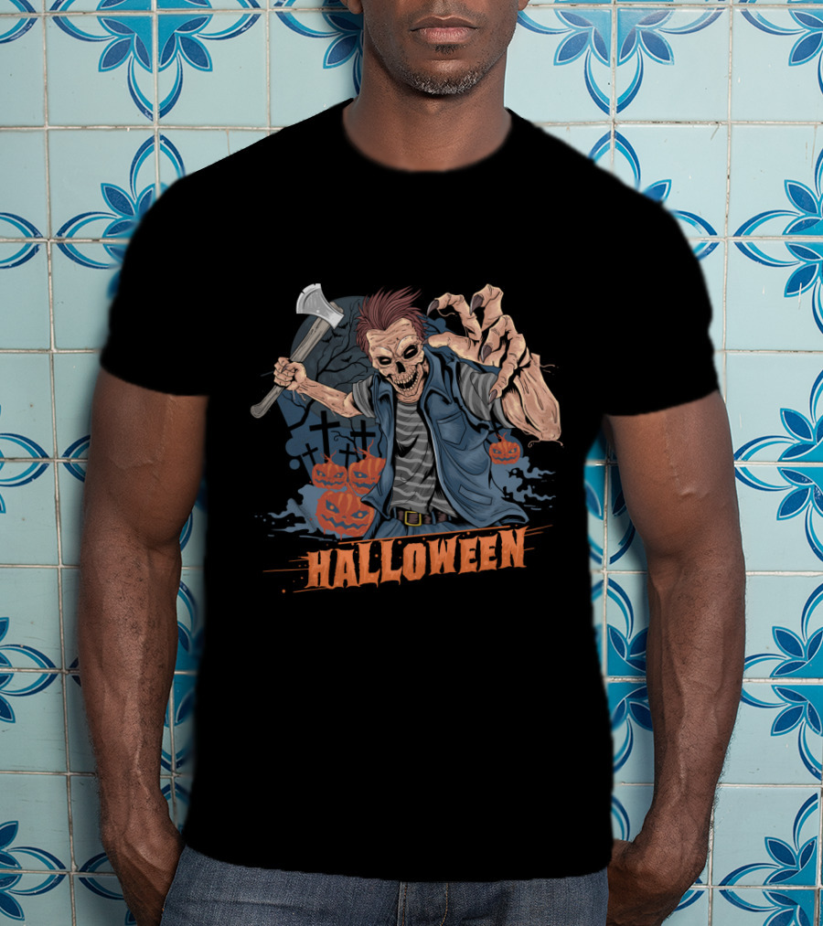 Halloween Funny Zombie With Axe And Pumpkins T-Shirt