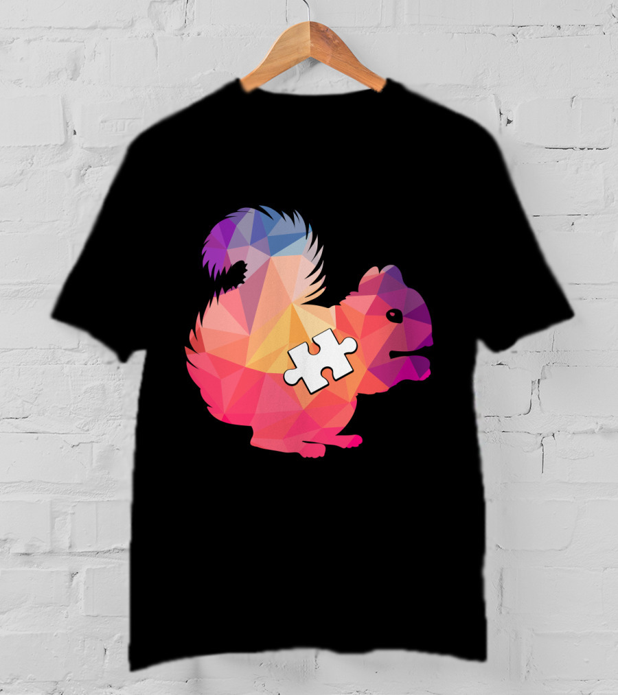 Squirrel Autism Awareness Puzzle Piece Geometric Multicolor T-Shirt