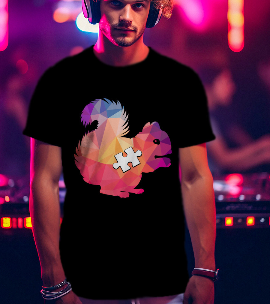 Squirrel Autism Awareness Puzzle Piece Geometric Multicolor T-Shirt