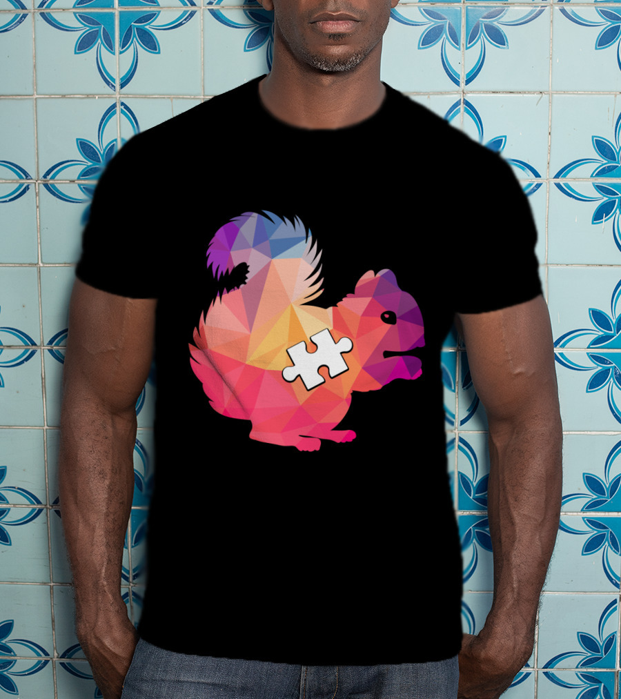 Squirrel Autism Awareness Puzzle Piece Geometric Multicolor T-Shirt