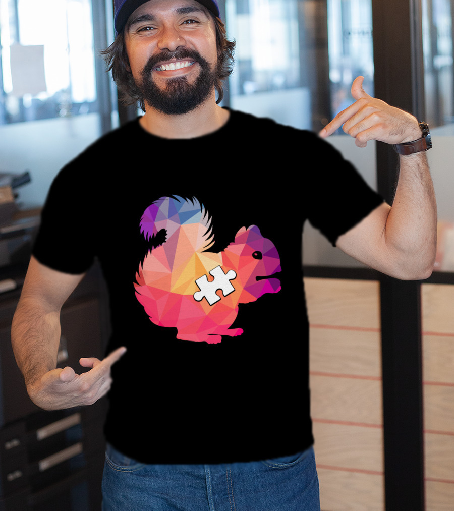 Squirrel Autism Awareness Puzzle Piece Geometric Multicolor T-Shirt