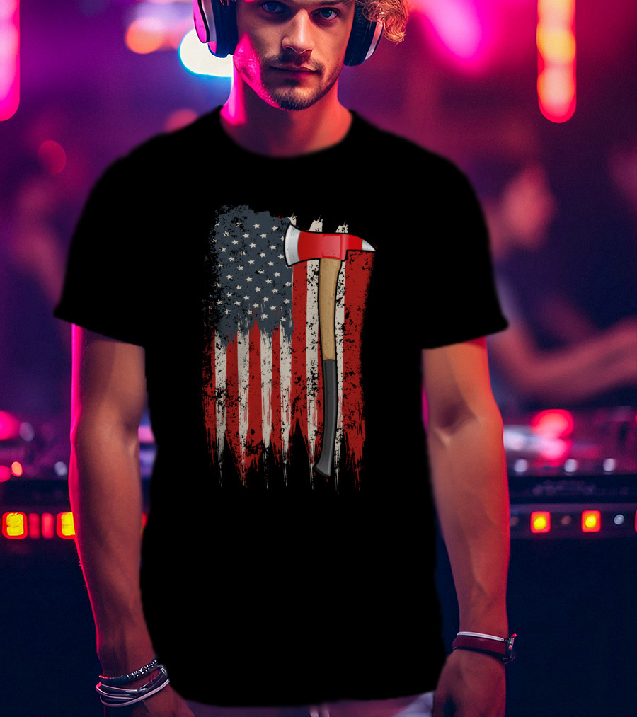 American Flag Themed Firefighter Axe Symbolizing Patriotism T-Shirt