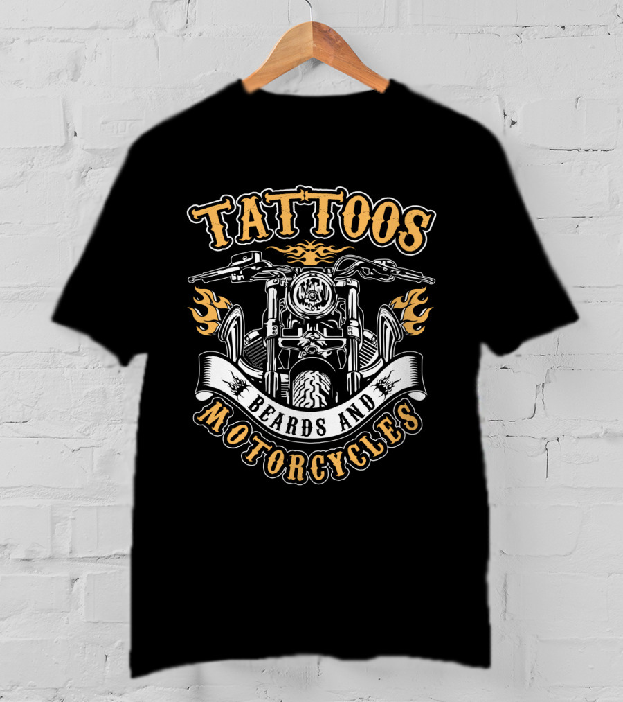 Tattoos Beards And Motorcycles Tattooed Bearded Biker Flames Banners T-Shirt