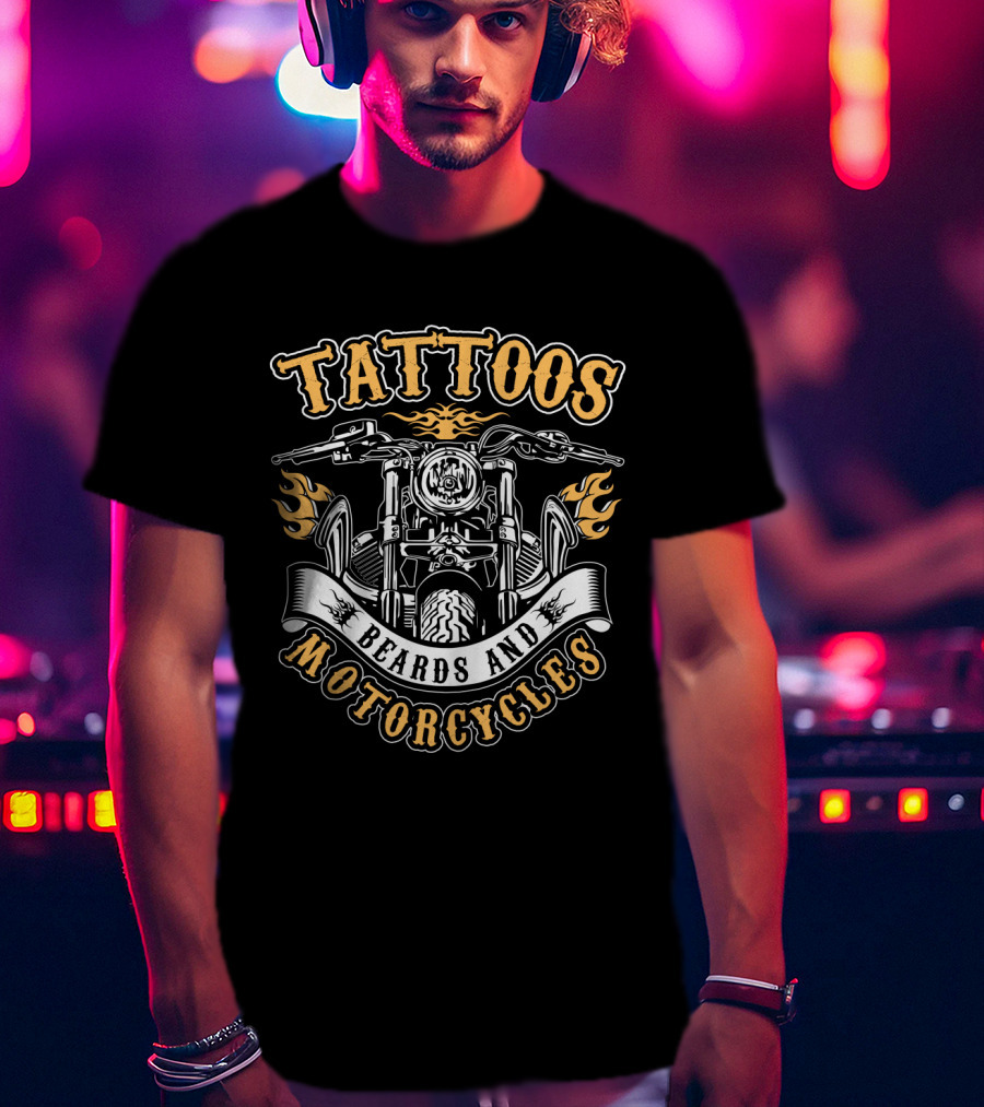 Tattoos Beards And Motorcycles Tattooed Bearded Biker Flames Banners T-Shirt