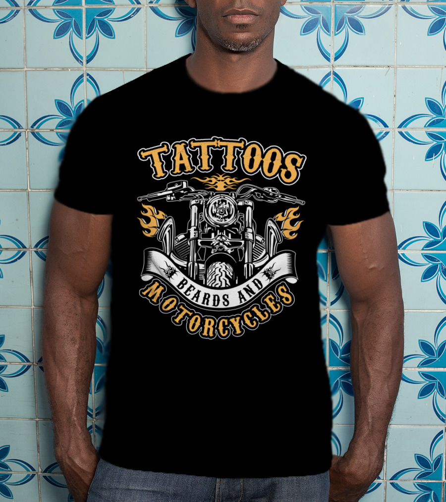 Tattoos Beards And Motorcycles Tattooed Bearded Biker Flames Banners T-Shirt