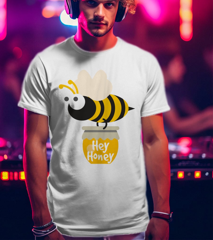 Hey Honey Fun Bee Yellow Striped Cartoon Bee On Honey Jar T-Shirt