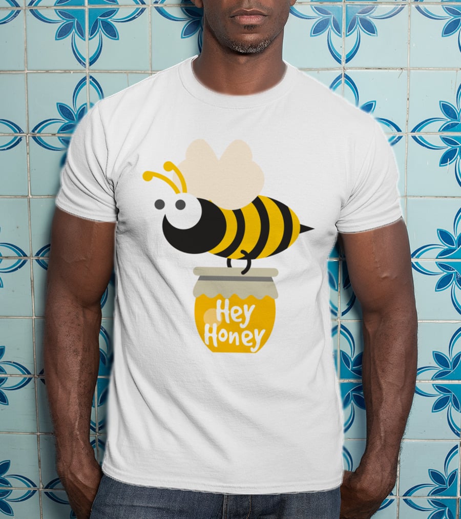 Hey Honey Fun Bee Yellow Striped Cartoon Bee On Honey Jar T-Shirt