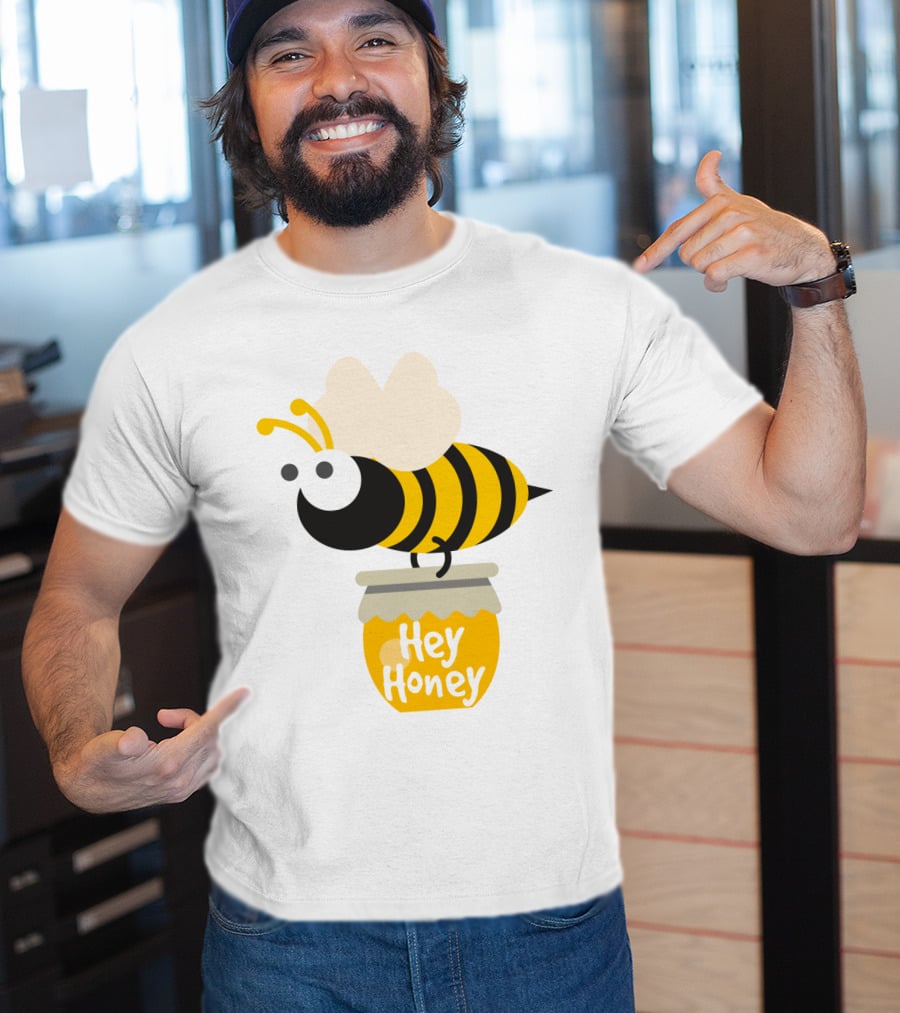 Hey Honey Fun Bee Yellow Striped Cartoon Bee On Honey Jar T-Shirt
