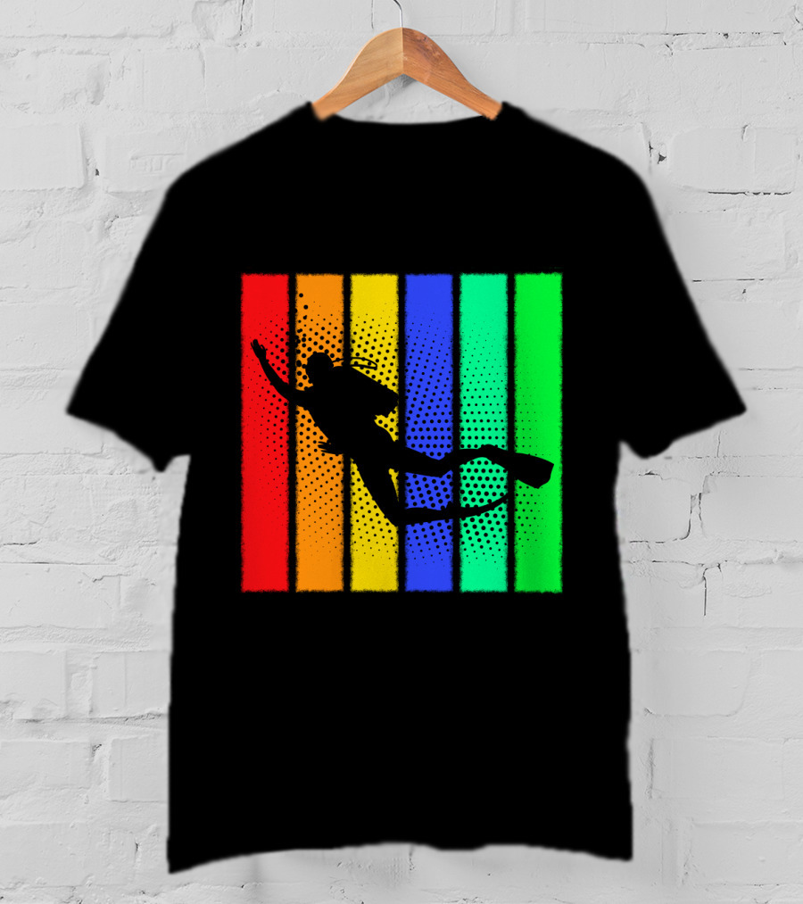 Retro Snorkeling Diver Silhouette Rainbow Stripes T-Shirt