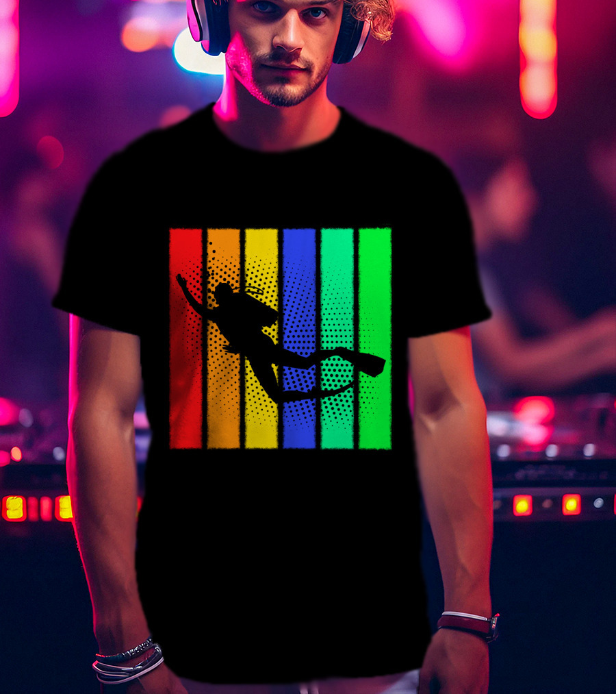 Retro Snorkeling Diver Silhouette Rainbow Stripes T-Shirt