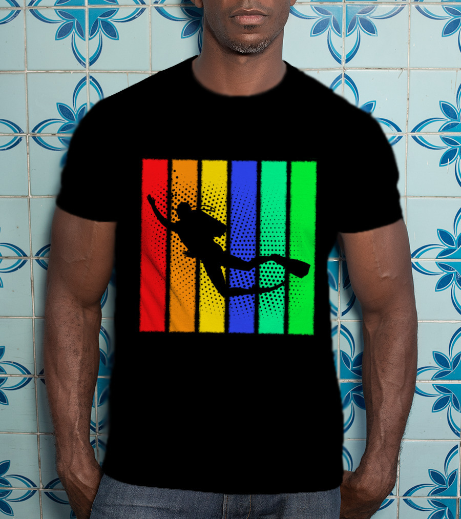 Retro Snorkeling Diver Silhouette Rainbow Stripes T-Shirt