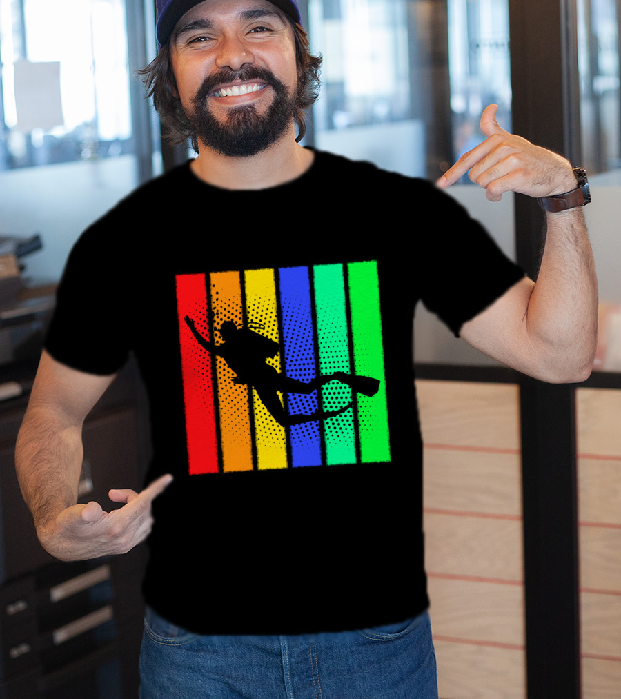 Retro Snorkeling Diver Silhouette Rainbow Stripes T-Shirt